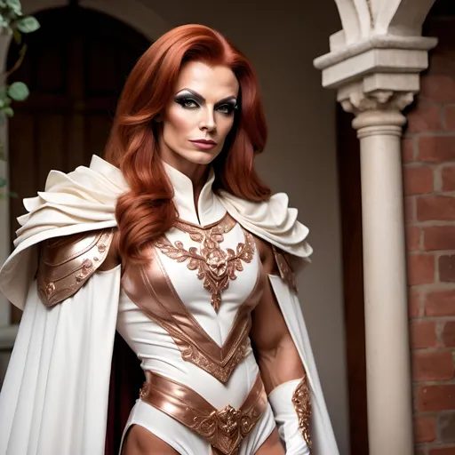 Prompt: Gorgeous muscular 35-year-old Polish drag queen bodybuilder (with strong masculine jawline and brow) with crimson-auburn hair, wearing a regal tunic, ivory white, with armor sewn into the fabric. Cascading cape, draping from the shoulder lapel. Cottage core aesthetic. Delicate rose gold detailing.