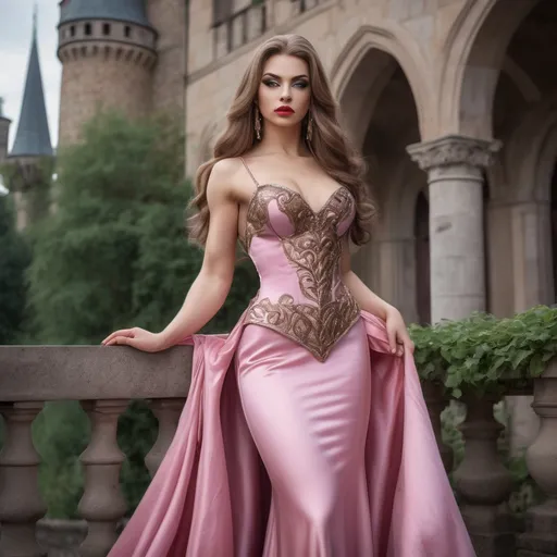 Prompt: A gorgeous muscular 21-year-old Russian drag queen bodybuilder (with big busom, dark lipstick, full lips, dark blonde hair) in a flowing pink satin silk gown with bronze embroidery, ballroom of a medieval castel, Anton Pieck style, medieval fantasy, intricate patterns, ornate cloth, royal attire, detailed realistic clothing folds, lush greenery, soft pastel tones, romantic lighting, professional, ultra-detailed, fantasy, medieval, satin gown, palace garden, Anton Pieck style, ornate architecture, lush greenery, romantic lighting, royal attire, intricate patterns, soft pastel tones, flowing fabric, professional lighting