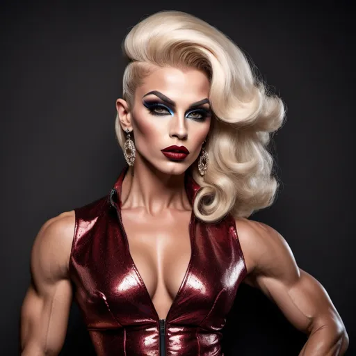 Prompt: a Gorgeous ultra-muscular 25-year-old Polish drag queen (strong masculine jawline and brow features) bodybuilder (Moschino fashion), glamorous and captivating pose, (vibrant colors), dynamic and stylish design, depicting classic elegance, (high fashion), dark eyeshadow and dark red lipstick, luxurious background with opulent textures, artistic flair and beauty, showcasing the essence of vintage glamour, timeless beauty, (ultra-detailed) and visually stunning image, celebrating the spirit of 1960s high fashion.