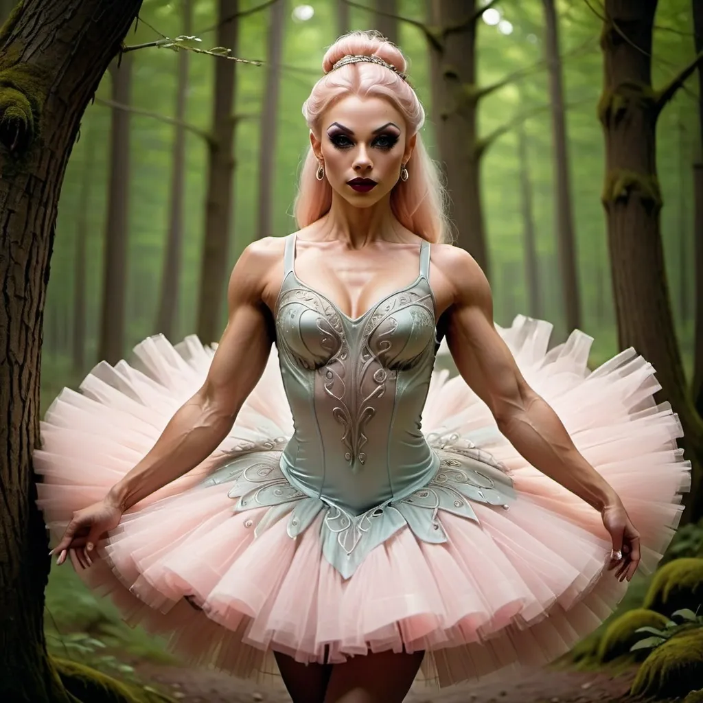 Prompt: (focused character gorgeous ultra-muscular 25-year-old Swedish drag queen bodybuilder), (elegant ballet pose), soft warm lighting, large busom, flowing pastel-colored tutu, enchanted forest background, delicate expression, intricate details in attire, dark eyeshadow,  dark red lipstick, immersive atmosphere, ethereal vibe, graceful movements, dreamy ambiance, intricate ballet shoes, glowing soft light filtering through trees, beautiful HD quality, atmospheric cinematic mastery