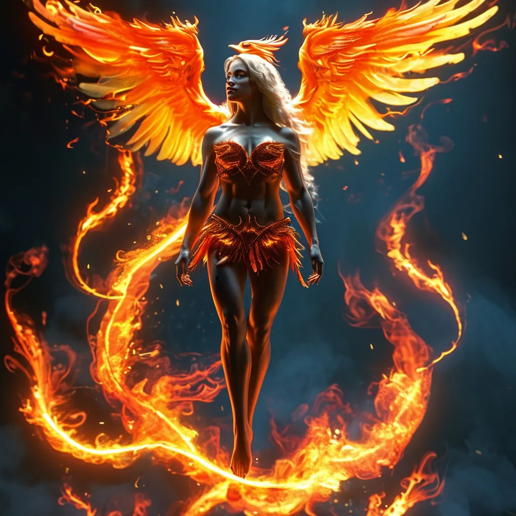 Prompt:  a flaming phoenix hovers overtop a 25-year-old muscular goddess. The 25-year-old goddess has clothes made of flames from the Phoenix and looks like a phoenix as a 25-year-old goddess. Full length. Muscular. Large busom.