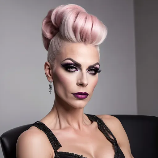 Prompt: Gorgeous muscular 35-year-old Swedish drag queen (prim and proper) science teacher with platinum pink high updo, dark eyeshadow and dark lipstick (((strong masculine jawline and brow))) sitting flirtatiously on her desk.