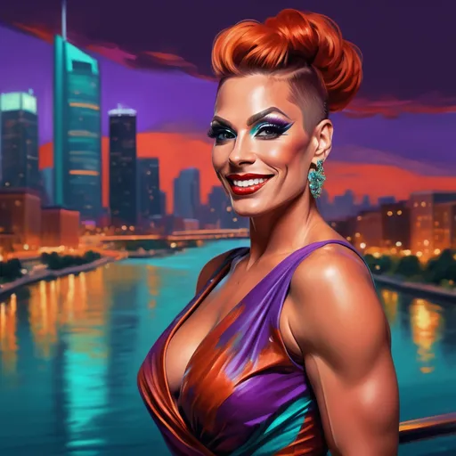 Prompt: digital painting of a city skyline with a gorgeous muscular 35-year-old Swiss drag queen (masculine jawline and brow features) with long burnt orange updo hair wearing a wrap around teal dress, smiling  and a river in the background at night time with a bright red and purple sky reflecting on the water , art photography, at night, high resolution , realism , beautiful sunset , low angle shot of the woman