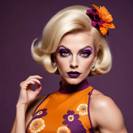 Prompt: Mod casual top, 1966, fashionable for gorgeous muscular 25-year-old German drag queen bodybuilder, sassy, iconic, modest, timeless, boho chic, floral, bright, aubergine, orange, dark eye makeup,  dark lipstick 