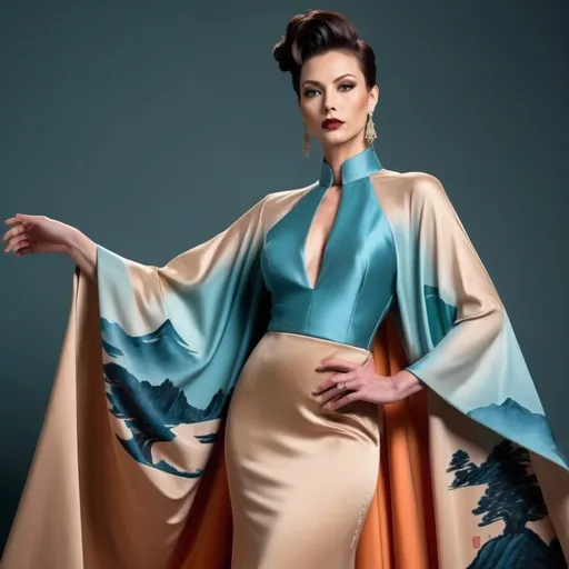 Prompt: The photo shows a gorgeous muscular 35-year-old Hungarian drag queen (masculine jawline and facial features) bodybuilder with large busom, dark orange updo hair, in a long, elegant gown. Here's a description:

The Gown: The dress is a floor-length A-line gown, featuring a beige or champagne-colored satin top with long, wide sleeves that extend almost to the floor, creating a cape-like effect. The skirt of the dress is adorned with a vibrant, artistic print depicting a landscape of teal and blue mountains in a style reminiscent of traditional Chinese ink wash painting. There are also what appear to be stylized Chinese seals or stamps incorporated into the design. The skirt has a subtle ruffled or tiered detailing at the hem. The neckline is high and closed, in a style similar to a mandarin collar.

The model: The model is poised and elegant, her hair neatly pulled back. She wears delicate earrings. She has dark eye makeup,  heavy mascara, and dark lipstick, which enhances her features.

The Setting: The background is a simple, dark red bubbles, which gives the gown and the model a striking contrast and prominence.
