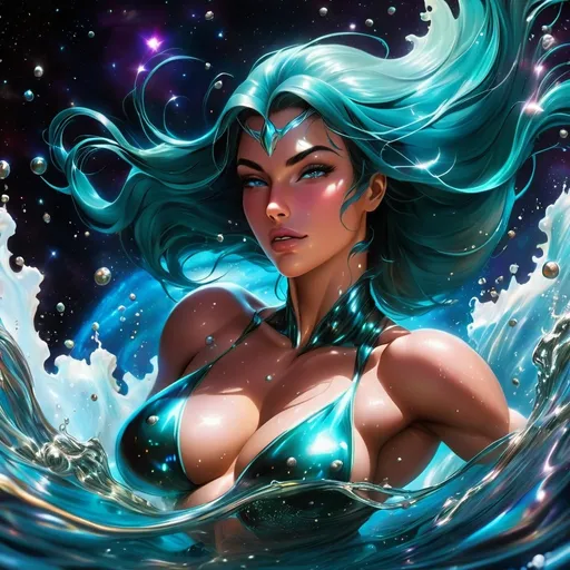 Prompt: A gorgeous ultra-muscular goddess swimming in a lake of liquid Mercury in outer space 