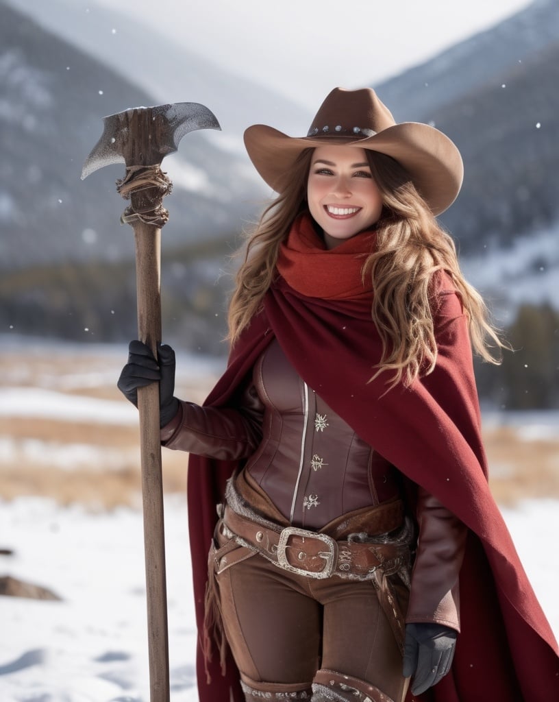 Prompt: A hi-res 8k hd digital photograph of a proud gorgeous rugged cowgirl with huge busom in winter snowy mountains. She is wearing a dark red cloak lined with fur and a scarf over metal armor. She has ridiculously long wavy autum hair and a brown cowboy hat. She is holding a halberd. It is snowing and windy. She is smiling. Cowboy hat.