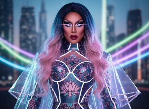 Prompt: A stunning 35-year-old drag queen with a mixed heritage of Asian, Indian, Portuguese, and Russian features. She has long, silky blue-to-pink gradient hair with a soft neon shine. Her eyes are a unique aqua-rose blend (turquoise blue + soft pink) with a glowing, crystalline effect. Her makeup  is dark eyeshadow, heavy mascara, dark red lipstick, and dark red  manicured fingernails. Her long toned legs are accentuated by 7 inch stiletto  high heel shoes. She has warm skin tone, hazel undertone, soft almond-shaped eyes, defined cheekbones, and a sharp jawline. She wears futuristic, stylish influencer fashion with multicultural subtle details. Soft neon or pastel lighting enhances her hair and eye colors. Ultra-realistic, 8K portrait, sharp focus, hyper-detailed facial features, influencer aesthetics