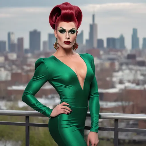 Prompt: A handsome man is dressed up as a Gorgeous muscular 25-year-old Belgian drag queen (strong masculine jawline and brow) with very long dark red tight updo hair in a green outfit and 8 inch stiletto high heel shoes, with a cityscape background, Erlund Hudson, transgressive art, promotional image, a character portrait