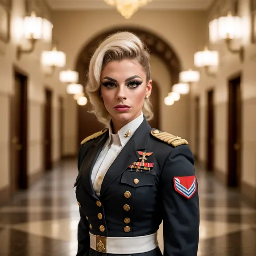 Prompt: A cinematic scene of a gorgeous 25-year-old Czechian drag queen bodybuilder student at the West Point Military Academy standing in the hallway, wearing a formal military uniform. She raises her hands with a confident and honorable expression. The background is blurred with a depth-of-field effect to emphasize her presence. The lighting is warm and nostalgic, creating a classic, vintage atmosphere. Her posture is strong and commanding, exuding a sense of pride and discipline