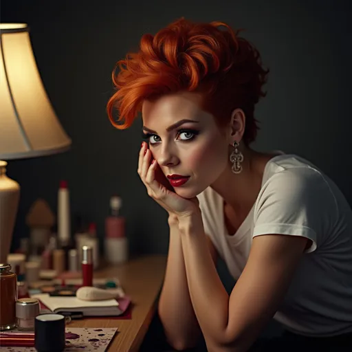 Prompt: Hyper detailed Photorealistic Upper body focus, Nighttime bedroom scene, A makeup desk (scattered with makeup and accessories), seated a (gorgeous ultra-muscular 25-year-old Czechian drag queen) glances at viewer sidelong, Embarrassed and shy slight smiling gaze and short spiky dark orange hair, highly detailed face, dark eyeshadow,  heavy mascara,  dark red lipstick, gazing with sidelong glance toward the viewer, Dynamic pose. wearing soft cotton tshirt.  Expression of shy interest and innocent allure.  Realistic high detail skin and hair