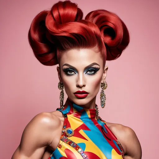 Prompt: Gorgeous ultra-muscular 25-year-old Czechian drag queen bodybuilder with long dark red stylish updo wearing a (Moschino dress), high fashion design, colorful patterns, playful and vibrant, couture elegance, luxurious texture, striking silhouette, artistic flair, runway-inspired style, intricate details, eye-catching embellishments, bold color palette, fashionable ambiance, (ultra-detailed), high-quality craftsmanship, fashion illustration vibes, stylish ensemble, (vivid colors), aesthetically stunning.