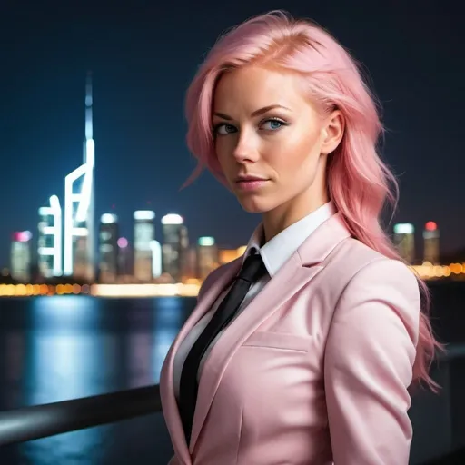 Prompt: Create a cool picture of a Gorgeous ultra-muscular 25-year-old Finnish pink-haired businesswoman  in front of a city skyline with futuristic lighting.