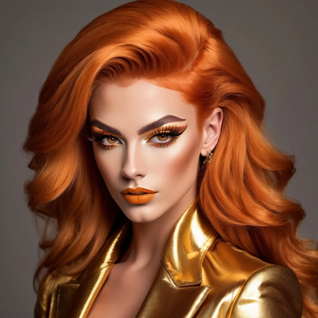 Prompt: "A gorgeous muscular 18-year-old Austrian drag queen with striking orange hair and brown eyes that shimmer with a golden hue. She has a sharp, regal face (strong masculine jaw and brow) and an air of authority. Known as the 'Golden Dutchess,' she is tall and muscular, exuding confidence and refinement. Dressed in a tailored noble coat with intricate detailing, she stands in a grand hall, her demeanor poised yet guarded, hinting at a troubled past beneath her polished exterior."