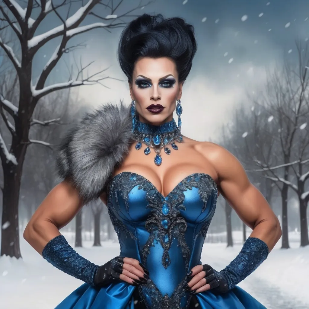 Prompt:  a beautiful muscular 35-year-old Slovenian drag queen bodybuilder with large busom (dark eyeshadow, heavy mascara, dark lipstick) in a blue dress standing in the snow,   fantasy art, very beautiful fantasy art, beautiful fantasy art portrait, beautiful fantasy painting