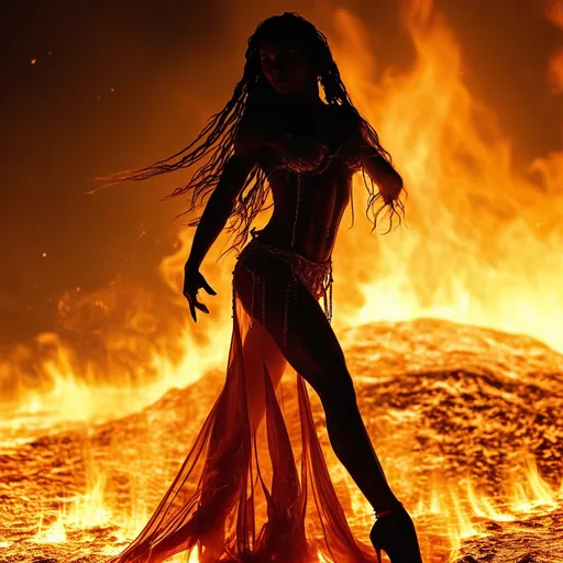 Prompt: very muscular dancing female, dancing on fire, silhouette, lava, long flowing fire gown, very well endowed, long wavy fiery hair, long muscular legs, 8 inch stiletto high heel shoes, very muscular dancing female, mystical background, 