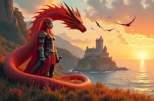 Prompt: Iridescent orange red dragon beside a gorgeous, very muscular warrior goddess with strong features, long flowing wavy bright red hair, circlet crown and ornate suit of armor and teal glass sword standing in a field of heather along a rocky cliffside by the sea with a castle tower and colorful sunset birds flying in the sky