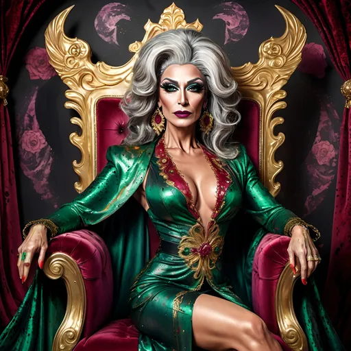 Prompt: a gorgeous muscular 45-year-old Turkish drag queen, salt & pepper hair, detailed ornate emerald and ruby cloth robe, dark eye makeup and dark lipstick, dramatic lighting, digital watercolor painting, paint splatter, bold brush strokes, art nouveau, majestic queen sitting on her throne (made of gold) in an elegant (colorfull flower dress), ornate very big throne with  diamonds and flowers adorned with delicate mycstical (colorfull) and glimmering (diamonds), mythical  looming behind, captivating atmosphere, dramatic lighting, ethereal ambiance, richly detailed backgrounds, (HD, ultra-detailed) fairy-tale setting, tension filled with reverence and power.