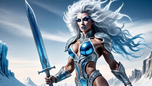 Prompt: Gorgeous ultra-muscular 25-year-old Finnish drag queen bodybuilder ice warrior, (dynamic pose), wielding a (majestic) large sword, vibrant ice hair flowing, adorned in frozen warrior armor, striking an (intense) expression, backgrounds of a fantastical landscape filled with blues, grays and whites  colors, (dramatic lighting) highlighting the colors, (high detail), (4K quality), exudes power and bravery, capturing a heroic spirit.