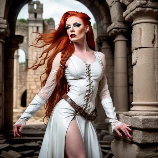 Prompt: realistc, Full body, (Hot red-headed drag queen mistress), long braided red hair, gorgeous strong face (strong masculine jawline and brow features), long white leather medieval fantasy dress, with straps and lace, stunning high heels, dominant stance, looking over shoulder, set between ancient ruins, magical spells shoot  the air