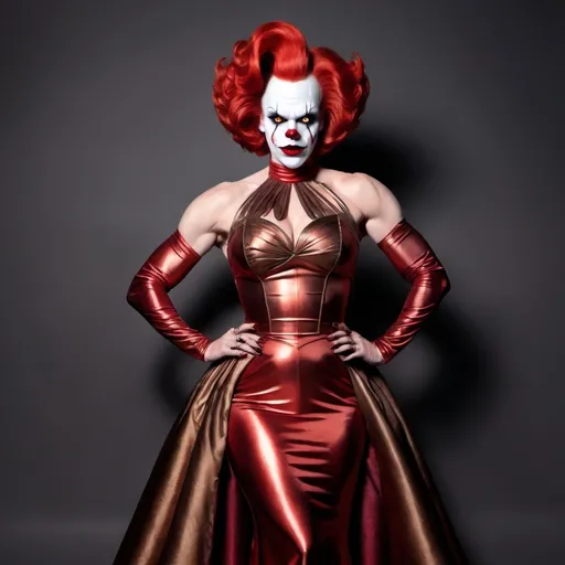 Prompt: Muscular drag queen pennywise dressed in a gorgeous bronze and red gown. Dark eyeshadow and dark red lipstick.