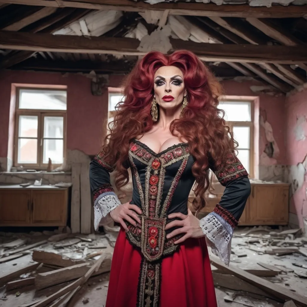 Prompt: a gorgeous muscular 35-year-old Ukrainian drag queen with long curly dark red hair and large busom, wearing traditional clothes and  standing in the middle of a broken house.