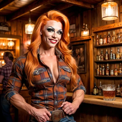 Prompt: Gorgeous (ultra-muscular) 25-year-old Norwegian drag queen bodybuilder with waist-length (dark orange) hair, wearing a flannel shirt, standing in a vibrant western saloon, serving whiskey to a cheerful drunken cattleman, engaging in lively conversation. (Warm, rustic tones), illuminated by dramatic lighting, detailed wooden decor, and classic saloon elements, depicting an energetic and entertaining atmosphere. High-quality (4K), ultra-detailed environment.