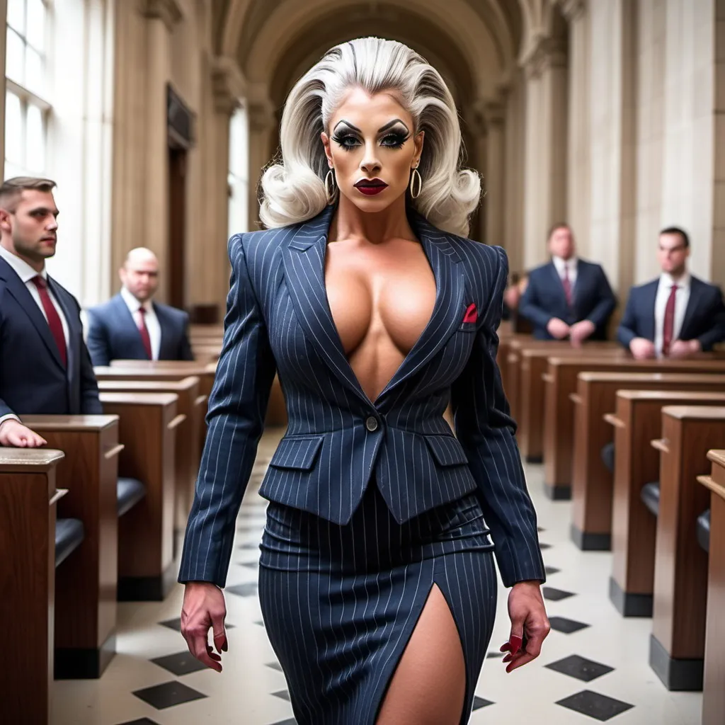 Prompt: Gorgeous ultra-muscular european drag queen bodybuilder, age 21, salt & pepper hair, intricate oval face, navy pinstriped suit, matching skirt, black 8 inch stiletto high heel shoes, dark eye shadow 
and dark red lipstick,  walking in a London courthouse, 8k photo, professional, detailed eyes, elegant, high quality, realistic, sophisticated, professional lighting