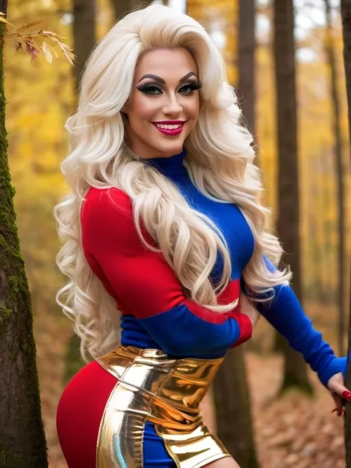 Prompt: Close shot, smiling gorgeous ultra-muscular 25-year-old Czechian drag queen bodybuilder with huge busom and ridiculously long wavy stylish platinum blonde hair, blue eyes, red and gold long sweater dress, 8 inch platform thigh high patent leather black boots, standing in a forest. Composition focus on legs. 