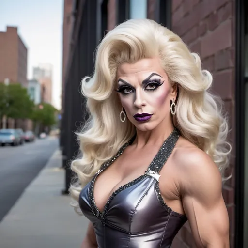 Prompt: High-quality detailed digital photograph of a handsome man DRESSED UP AS a 35-year-old drag queen bodybuilder with big busom dark eye makeup, and dark lipstick, in a cute and classy dress outfit and wearing cute 6 inch stiletto high heel shoes, ridiculously long wavy platinum blonde hair (((blowing in the wind))), wearing a cute cross-body handbag, vibrant and colorful, adorable expression, soft lighting, detailed eyes, professional, 4k, ultra-detailed, cute outfit, long straight high ponytail, platform high heel boots, cute cross-body handbag, adorable expression, soft lighting