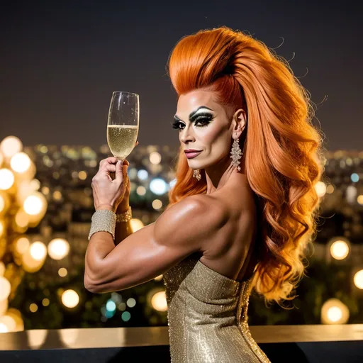 Prompt: A gorgeous muscular 35-year-old Portuguese drag queen bodybuilder with large busom and orange hair in a (joyous scene) New Year’s Eve celebration, elegant Chanel fashion, glamorous party atmosphere, sparkling lights, champagne flutes toasting, sophisticated decorations, intricate detailing in attire, warm pastel tones mixed with dramatic contrasts, exquisite backdrop featuring a chic cityscape at night, (high quality) 4K, ultra-detailed, capturing the essence of luxury and festivity.