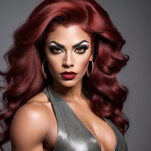 Prompt: She is a gorgeous muscular 25-year-old olive-skinned multiracial drag queen (with masculine jawline and brow facial features) who is a mixture of Dutch, Persian, and Japanese origin. Dark eye makeup, heavy mascara, and dark red lipstick. Large busom and muscular physique. She has long, wavy red hair and grey eyes, and her skin tone is olive complexion while standing at 6 foot tall and 148 lbs with an athletic build. Wearing a large off-the-shoulder sweater dress with knee-high stiletto high heel boots.  Posing in the park during winter.