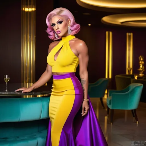 Prompt: Tall gorgeous ultra-muscular 25-year-old Greek drag queen bodybuilder drag queen, large busom, full-length pose, platinum pink bob, green eyes, round face, elegant lounge, yellow blouse, violet skirt, violet pumps, professional lighting, high-res photo, elegant, professional, detailed, sophisticated, curvy, round face, profile pose, luxurious, feminine, high quality, elegant lounge, yellow blouse, violet skirt, violet pumps, professional lighting