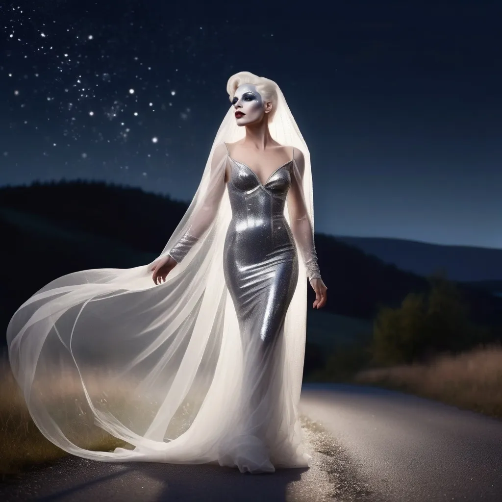 Prompt: (beautiful white Swedish drag queen) walking gracefully under a starlit sky, (melancholic mood), deep indigo and shimmering silver tones, soft ethereal glow, a delicate veil of night softly surrounding her, gentle whispers of a cool breeze, capturing a moment of quiet elegance, (highly detailed), enchanting landscape in the background, timeless and romantic atmosphere.