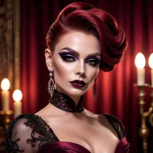 Prompt:  Gorgeous muscular 25-year-old Polish drag queen with dark red updo hair, dark eyeshadow,  dark lipstick, wearing a (elegant dress), (stylish fabric), flowing design, intricate details, luxurious texture, vibrant colors, warm ambiance, (graceful draping), exquisite embellishments, soft lighting, enchanting atmosphere, rich patterns, HD, ultra-detailed, stunning visual composition, ideal for fashion showcase, inviting elegance