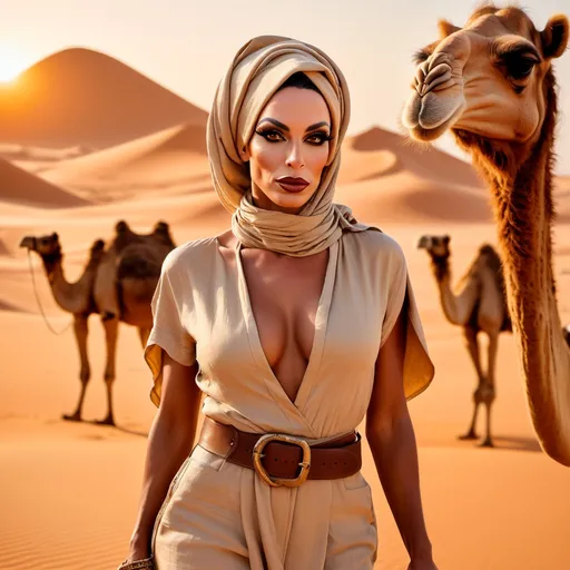 Prompt: A stunningly gorgeous muscular 35-year-old French drag queen with big busom and sun-kissed skin, dressed in a loose beige linen outfit with a leather belt and headscarf. She leads a caravan of camels across the vast desert, her expression confident and bold as the setting sun casts her in a golden glow.