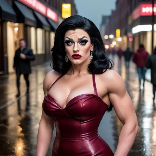 Prompt: Peter Griffin dressed as A hyper realistic flawless 25-year-old gorgeous Northern European drag queen bodybuilder with black hair walking the streets as a classy debutante on a dark and rainy night. Heavy eye makeup. Dark red lipstick.