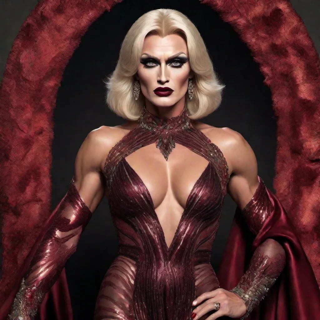 Prompt: image of Dolph Lundgren dressed as a (muscular body) gorgeous 25-year-old Czechian drag queen wearing a flamboyant, yet conservative Bob Mackie designer Gown, very well endowed, dark heavy eye makeup,  dark red lipstick, hyper-realistic quality, ultra-detailed 4K imagery.