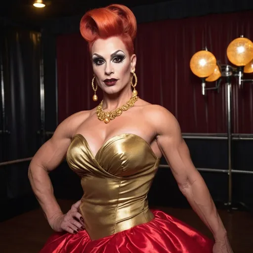 Prompt: 64k his-res digital Full length photograph of a Gorgeous busomy 35-year-old Finnish drag queen bodybuilder with auburn, long updo hair style. (((Gold and red ball gown and high heel shoes))). Dark eye shadow and dark red lipstick. Posing on the dance floor.