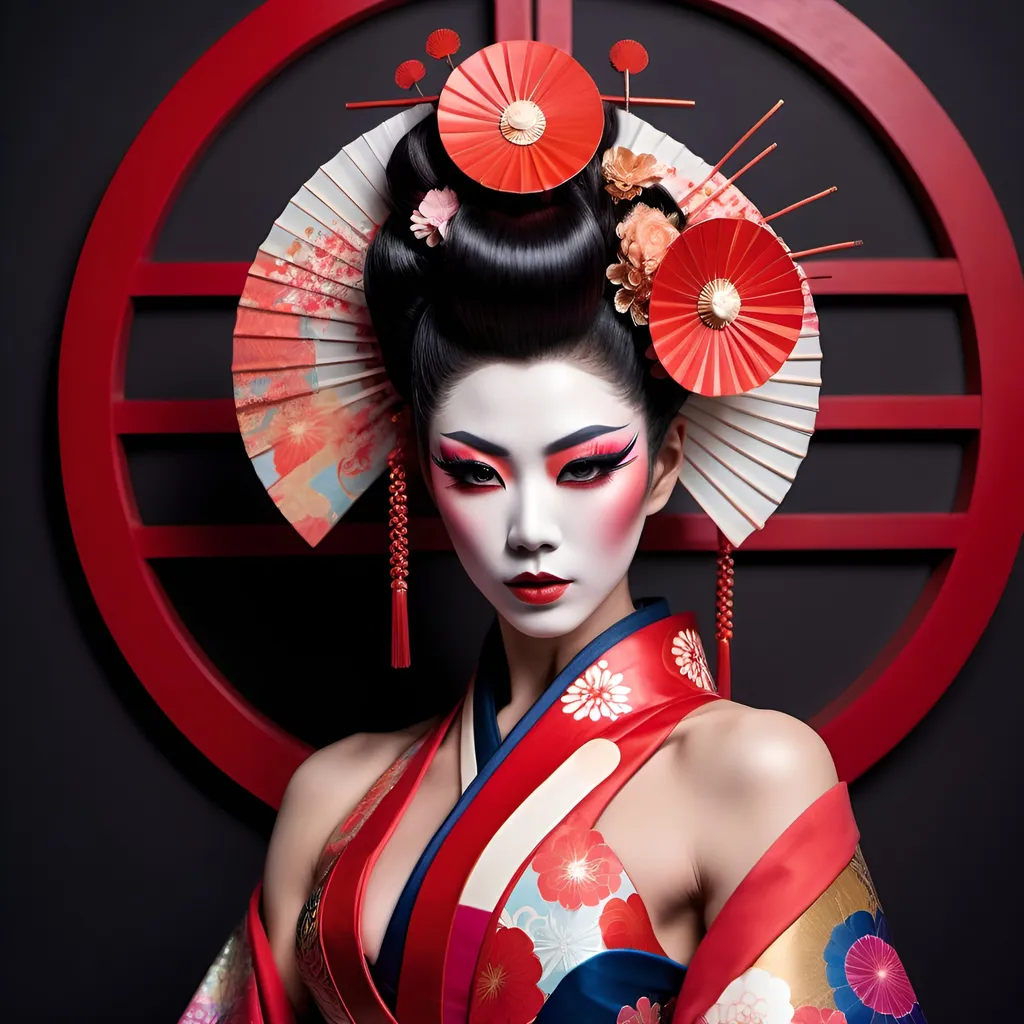 Prompt: Gorgeous muscular 25-year-old Japanese drag queen dressed up as a Avantgarde geisha, (innovative styling), bold colors, intricate patterns, striking makeup, (dramatic hairstyles), seamless blend of tradition and modernity, (elegant pose), atmospheric background with abstract elements, captivating and surreal vibe, (highly detailed), enchanting yet edgy aesthetic, (4K quality), intriguing juxtaposition of vintage and contemporary.