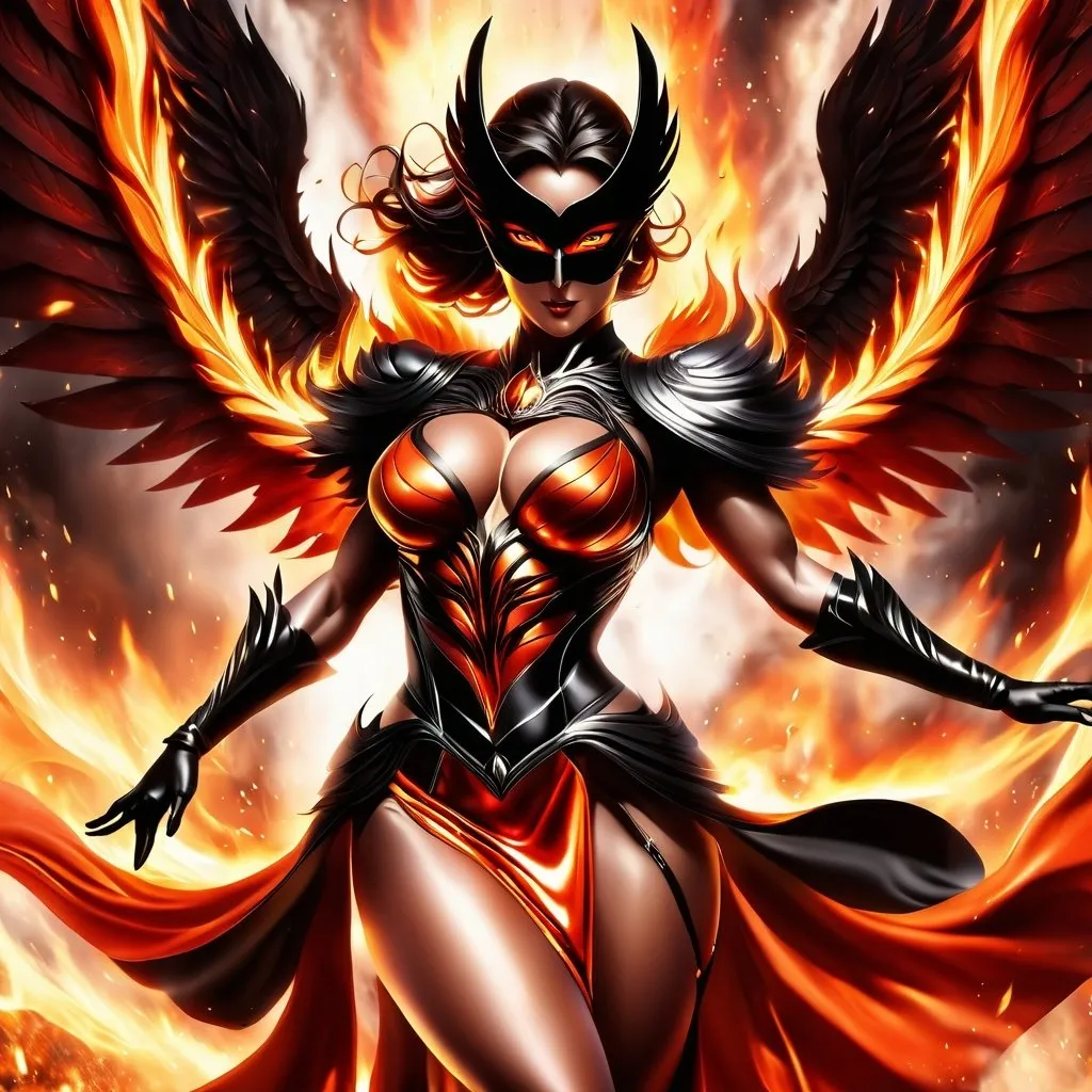 Prompt: 50 year old hyper-muscular dark angel bodybuiler with dark masked face of fire and long fiery dress, fire coming from her eyes, wings made of fiery flame, flying (((motion capture))) into hell, attacking demon hoard in the foreground and background, huge muscles, muscles, bodybuilder 