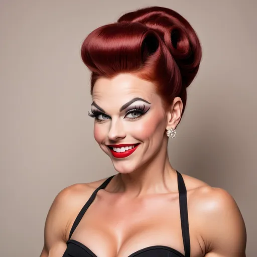 Prompt: Gorgeous ultra-muscular 25-year-old Swedish drag queen bodybuilder with dark red hair dressed as a 1950s housewife pinup hostess flirty smile head back small wave