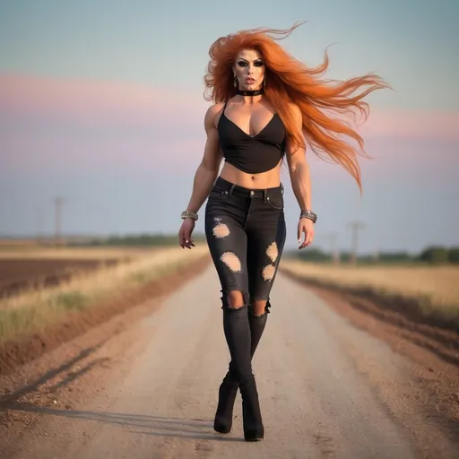 Prompt: Gorgeous ultra-muscular Czechian 25-year-old drag queen bodybuilder, with huge busom, muscular legs and ridiculously long flowing light orange hair (((blowing in the wind))) wearing tight ripped jeans, black vest, black choker, and 8 inch stiletto high heel shoes, walking down a dirt road at sunrise.