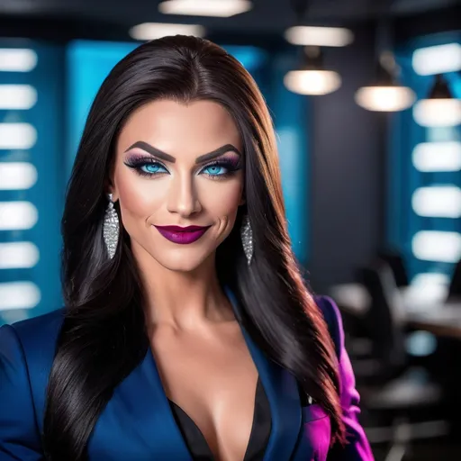 Prompt: Head to waist photo of gorgeous ultra-muscular 25-year-old , bosomy:2.0, long straight shiny black hair, diamond shape face, blue eyes, Norwegian drag queen bodybuilder, heavy makeup,  dark ruby lipstick, smile,(business suit with skirt), intricate face, sitting in a modern office.