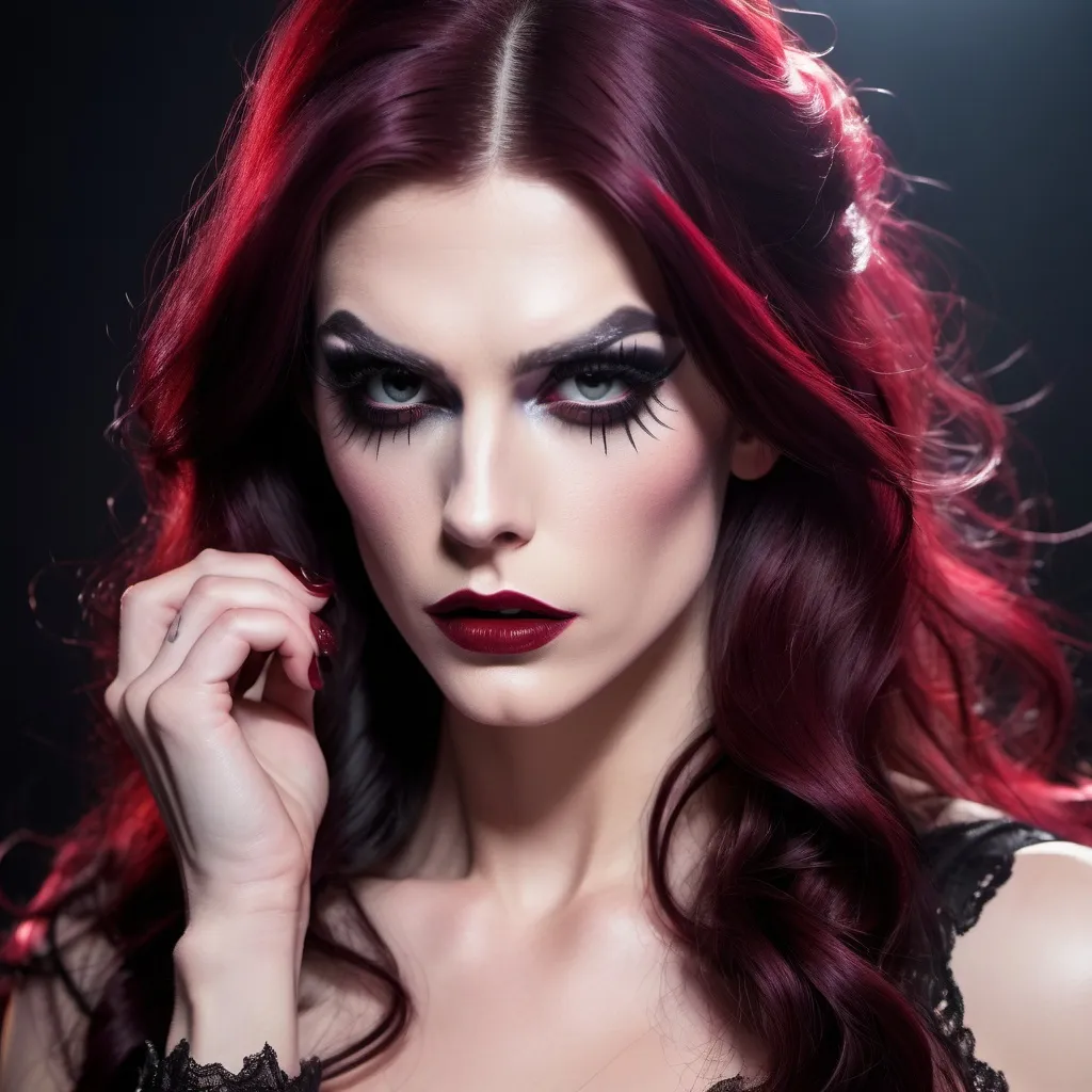 Prompt: Gorgeous muscular 25-year-old Czechian drag queen ((masculine jawline and brow features)) with dark eyeshadow,  heavy mascara,  dark red lipstick,  and long dark hair, superreal, no contrast, soft shadows, sharp focus, full body shot, dark Victorian clothes,dramatic lighting, bright color tones