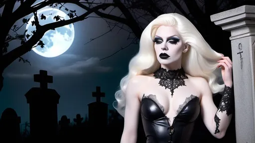 Prompt: In a moonlit cemetery, amidst weathered tombstones draped in ivy, stands a striking figure—a gorgeous ultra-muscular 25-year-old drag queen gothic goddess with platinum blonde hair cascading like liquid mercury against the darkness. Her porcelain skin, seems to glow ethereally under the moon's gentle caress. Adorned in lace and leather, 8 inch stiletto high heel shoes, her attire exudes an aura of mystery and allure.

High quality, highres, perfect, beautiful