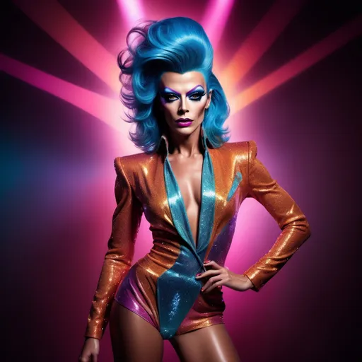 Prompt: If David Bowie was a gorgeous supermodel drag queen (full length photo) with long muscular legs and a very muscular physique