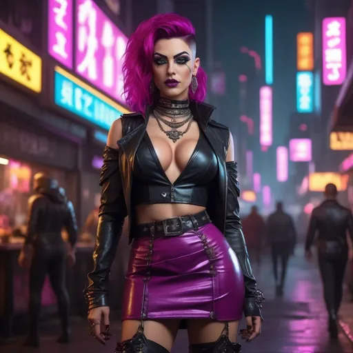 Prompt:  Hyperrealistic Fictional Character, Upscale 4K, Incredibly Finite Details, Highly Detailed Cyberpunk Character, gorgeous muscular 35-year-old Turkish drag queen (masculine jawline and brow features) with dark eyeshadow,  dark lipstick,  heavy mascara, and magenta hair wearing an Ornate Pendant and Deep V-Neck Shirt and a flattering skirt with thigh high silk stockings and high heel boots, Background is a dark evening cyberpunk city street bustling with vendors, Vibrant Neon Colors