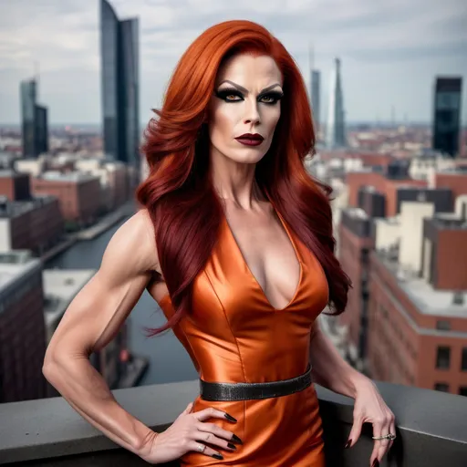 Prompt: Gorgeous muscular 35-year-old Swedish drag queen (strong masculine jawline and brow) with long luscious dark orange hair, dark eyeshadow, and dark red lipstick, wearing a beautifully designed sophisticated Tom Ford dress and 8 inch stiletto high heel shoes.  Futuristic and sterile cityscape in the background. 