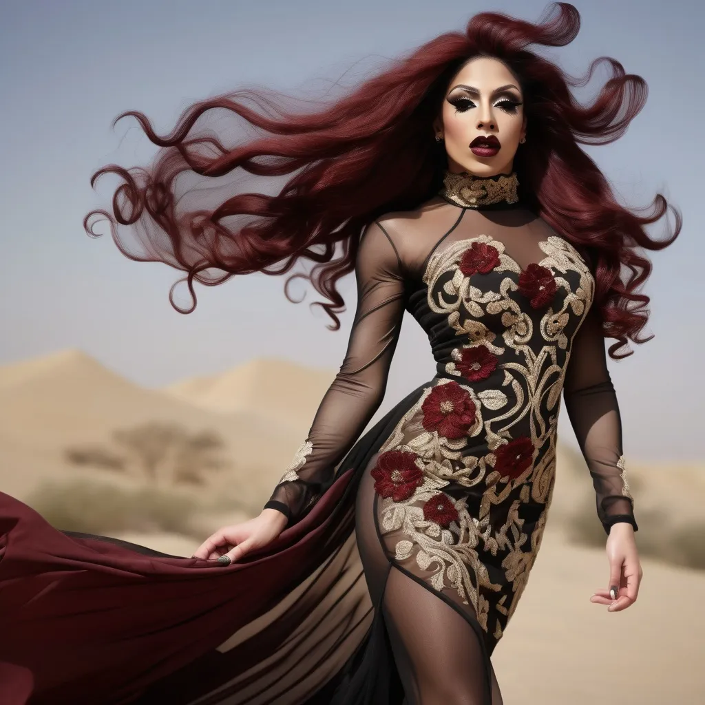 Prompt: Gorgeous ultra-muscular 25-year-old Saudi Arabian drag queen bodybuilder with ridiculously long wavy dark red hair (((blowing in the wind))). Dark smoky eyeshadow and dark red lipstick. Covered turtle neck, Intricate floral gold embroidery, lace see through mesh chiffon fabric, very flowy, Full length image, bronze white embroidery dress ,posing,captured with soft focus and muted colors typical of early film photography, caftan Moroccan dress, tight fitted mermaid, ruffles